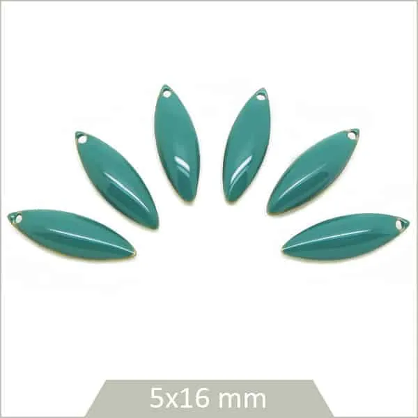 6 Breloques effet émaillé navettes 5 x 16 mm jade foncé