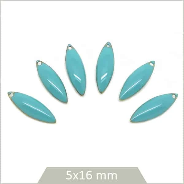 6 breloques effet émaillé navettes 5 x 16 mm bleu lagon