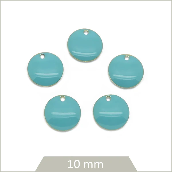 6 sequins ronds effet émaillé bleu lagon 10 mm