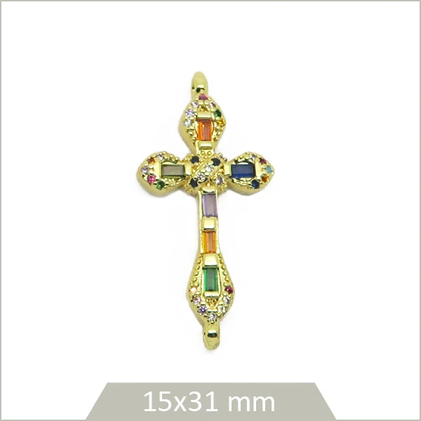 1 breloque croix en acier inoxydable doré et strass en verre teinté multicolore