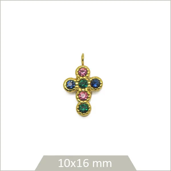 1 breloque croix en acier inoxydable doré et verre teinté