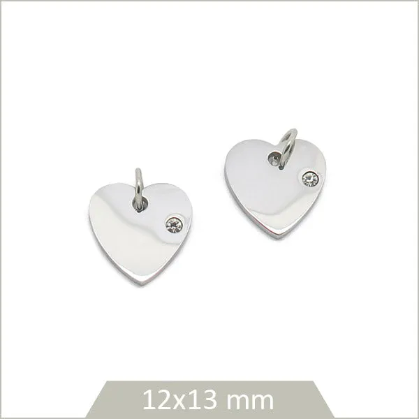 2 breloques cœur, strass et acier inoxydable