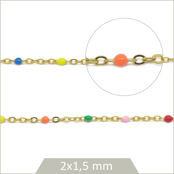 1 m de chaîne acier inoxydable doré et maillons effet émail multicolores