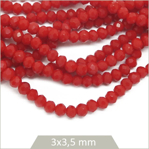 Env. 110 perles de verre à facettes donut opaque rouge, 3x3,5 mm