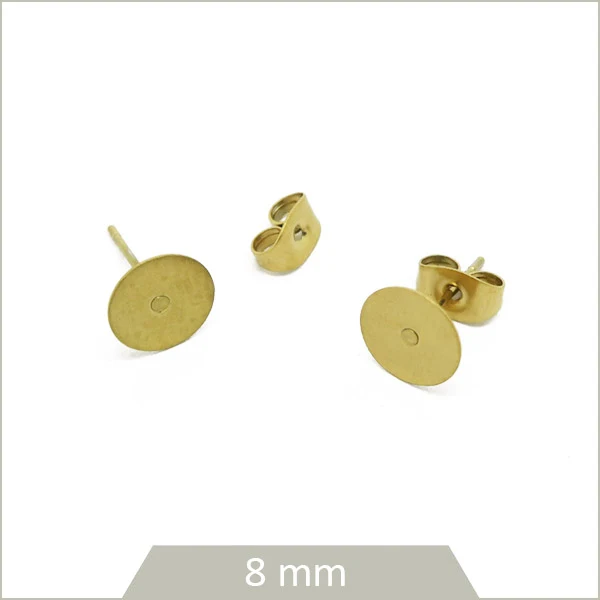 10 clous en acier inoxydable doré pour boucles d'oreilles puces, 8 mm